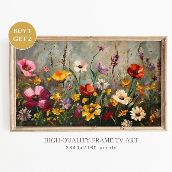 Moody Wildflowers Meadow Painting, Spring Decor