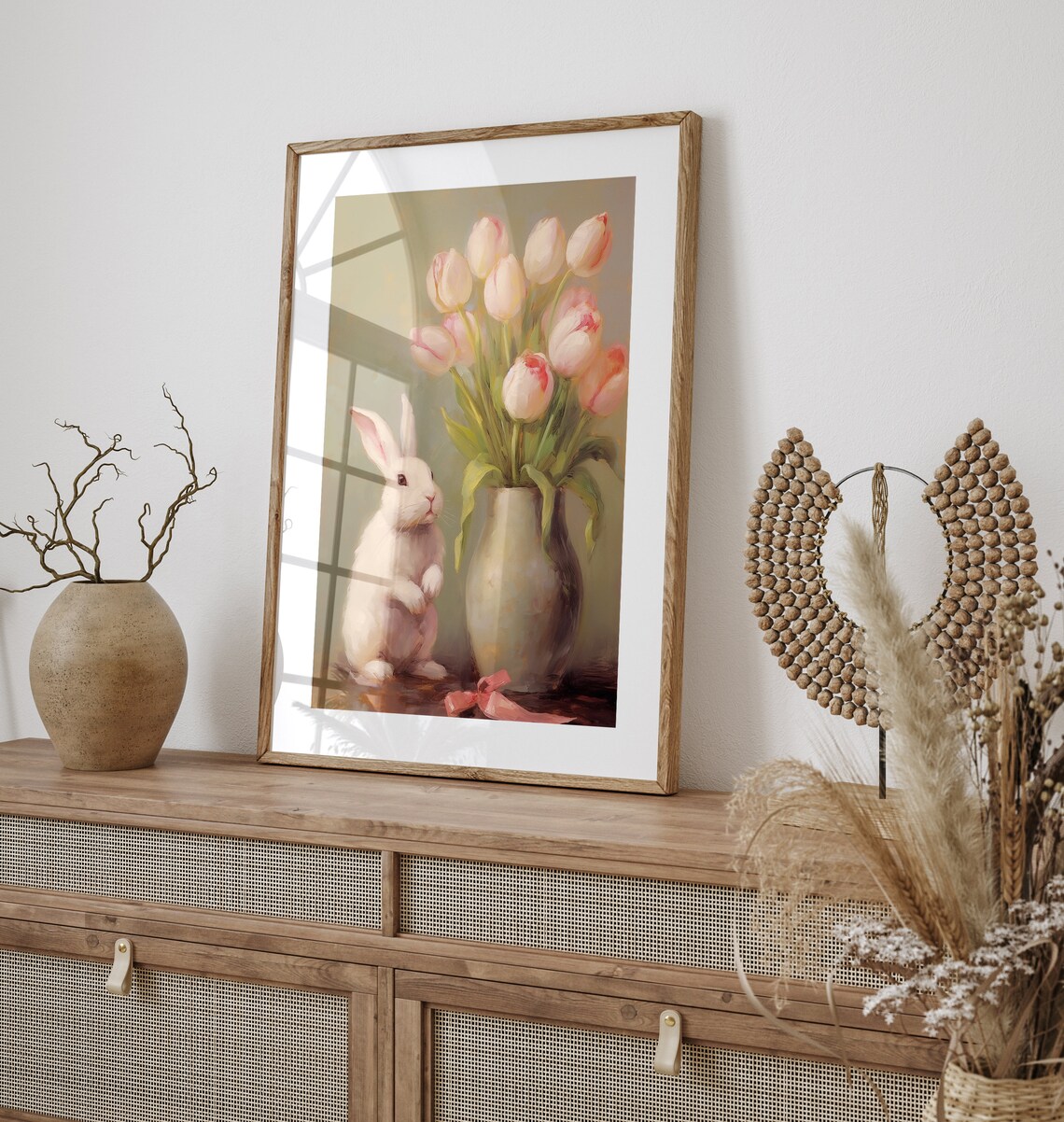 White Bunny Pink Tulips Vase Still Life Vintage Easter Oil Print - Image 2