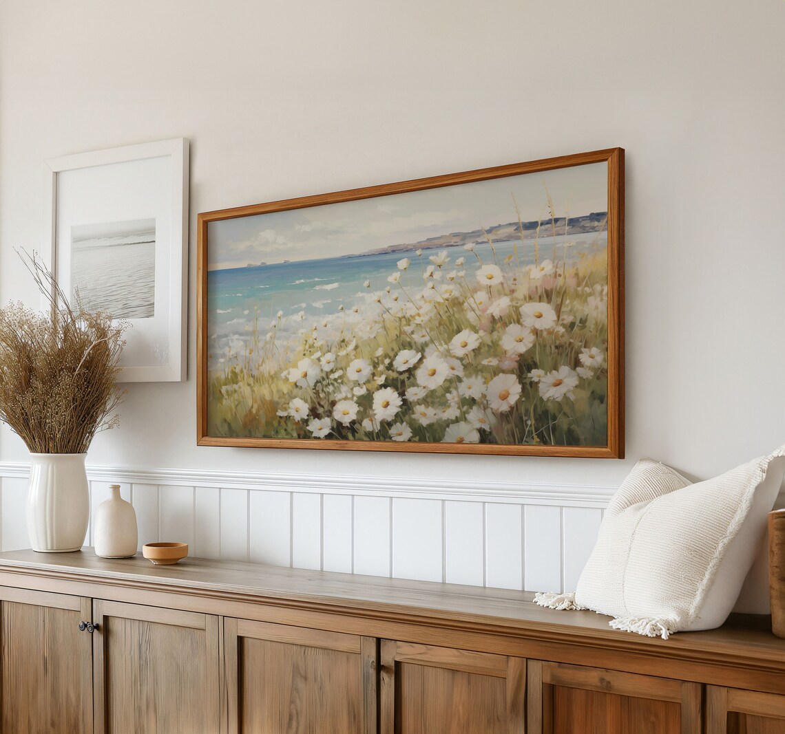 White Daisies Coastal Meadow Ocean Cliff Summer Floral Poster - Image 4