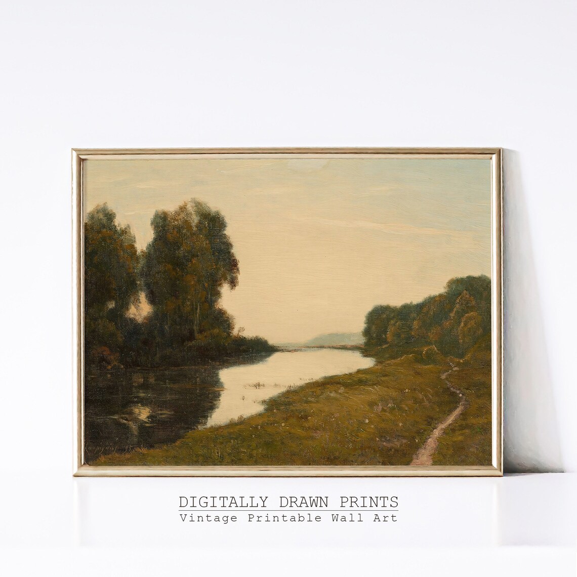 Golden Hour River Landscape Dark Trees Winding Path Vintage Evening Poster - Image 3
