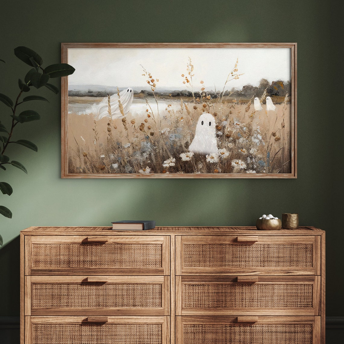 Cute Sheet Ghosts In Wildflower Meadow Neutral Halloween Spooky Print - Image 3
