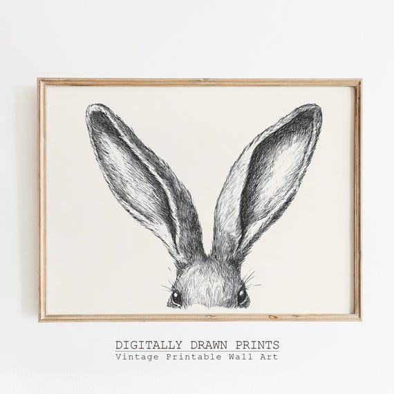 Neutral Easter Bunny Wall Art Ears Drawing Cute Rabbit Illustration Print Nursery Animal Decor