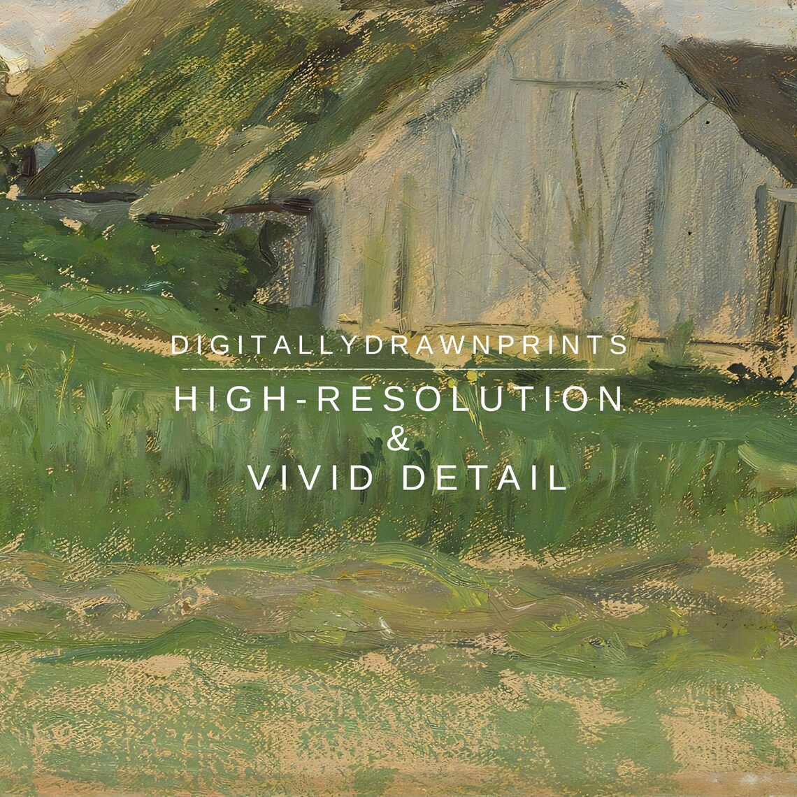 Whitewashed Farmhouse Green Meadow Cloudy Sky Vintage Countryside Poster - Image 2