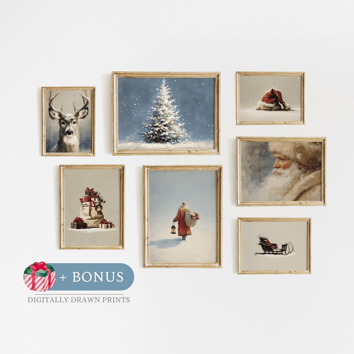 Set of Seven Vintage Christmas Gallery Wall Prints Neutral Holiday Poster
