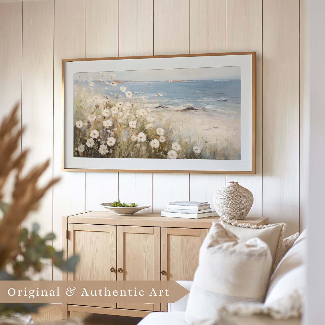 White Seaside Wildflowers Ocean Cliff Shore Neutral Vintage Scenery Poster - Image 4