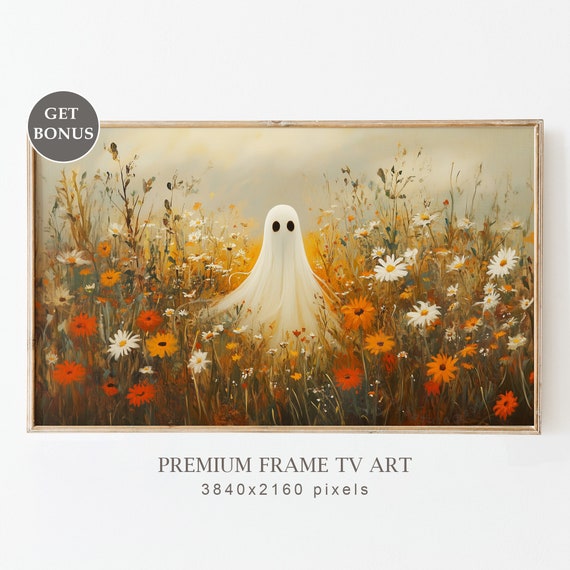 Halloween Frame Tv Art Autumn Wildflower Field Landscape Oil Painting Cute Ghost Frame Tv Art Autumn Farmhouse