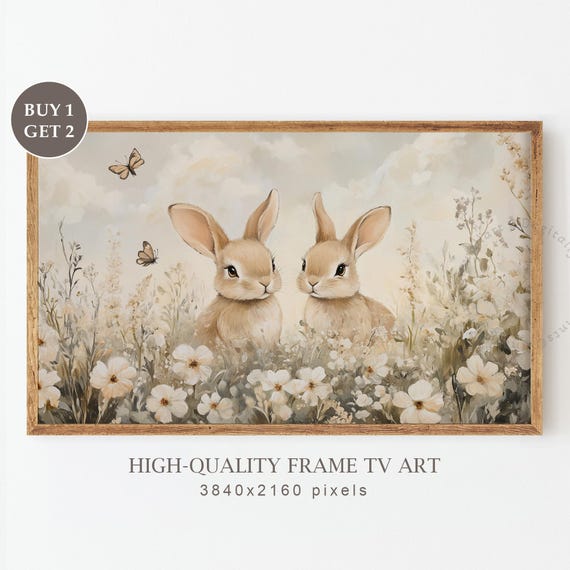 Vintage Spring Frame Tv Art Neutral Easter Bunnies Painting Farmhouse For Muted Pastel Decor
