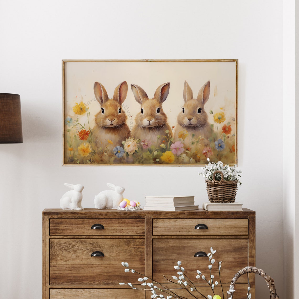 Three Brown Bunnies Wildflower Field Vintage Easter TV Art Poster - Image 4