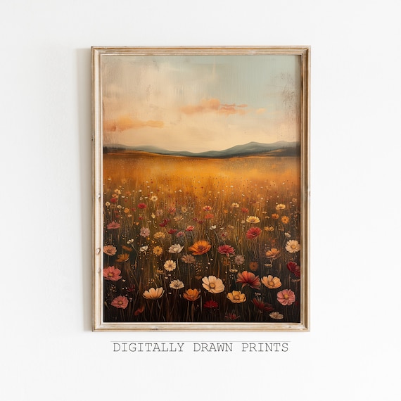 Golden Wildflower Field at Sunset Vintage Meadow Landscape Oil Print