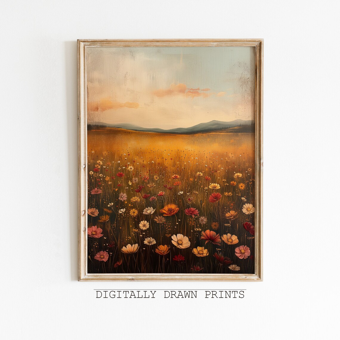 Golden Wildflower Field at Sunset Vintage Meadow Landscape Oil Print