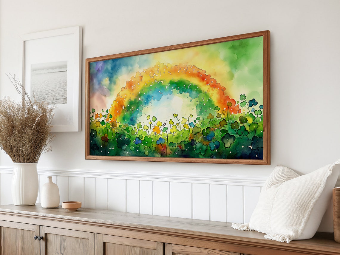 Flower Rainbow Arch Over Clover Field Watercolor St Patricks TV Poster - Image 2