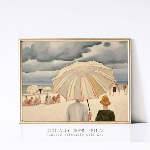 Vintage Beach Parasol Scene Sunbathers Cloudy Sky Retro Art Poster