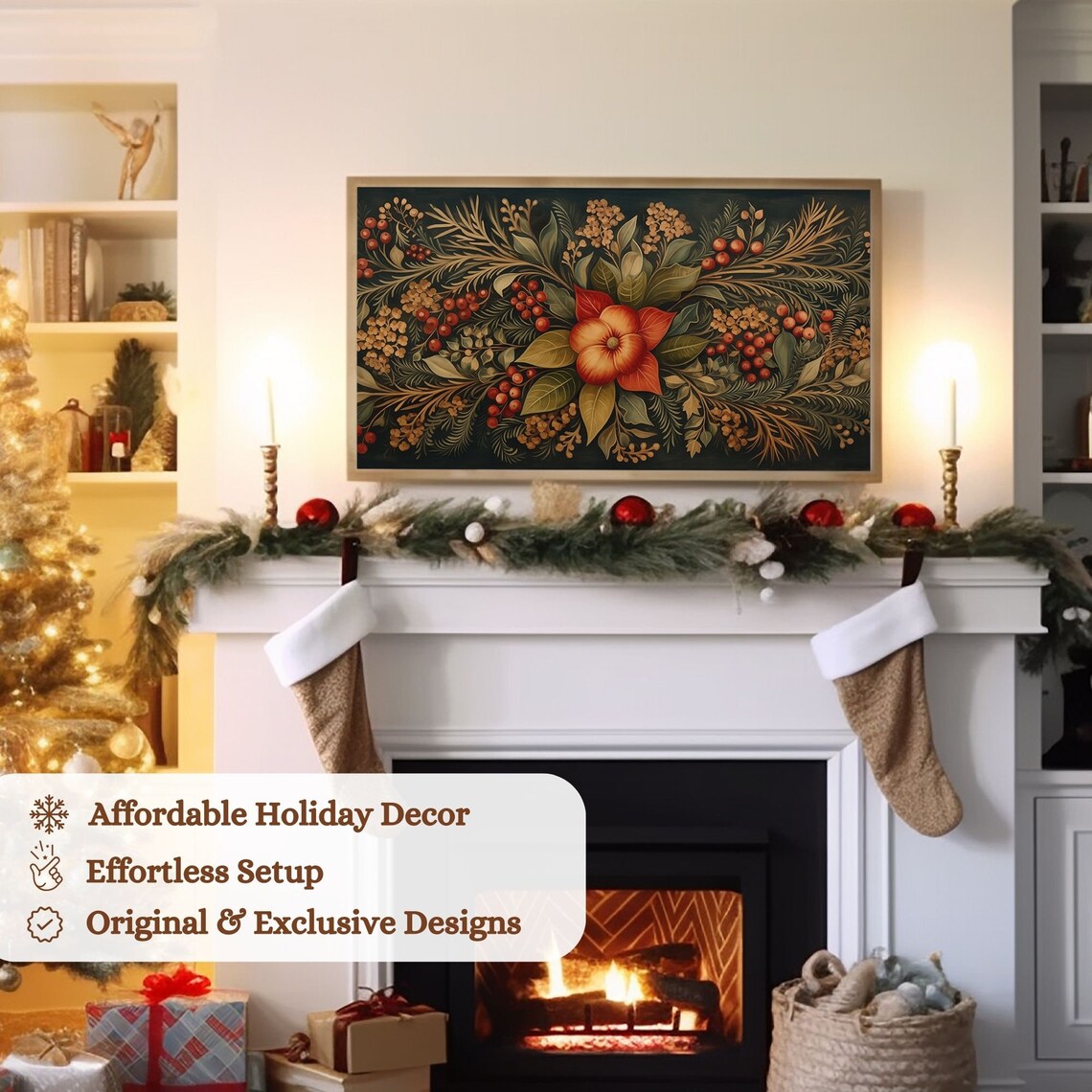 Christmas Frame Tv Art Vintage Christmas Rosemaling Art Scandinavian Christmas Decor Floral Holiday Painting Tv Art - Image 3