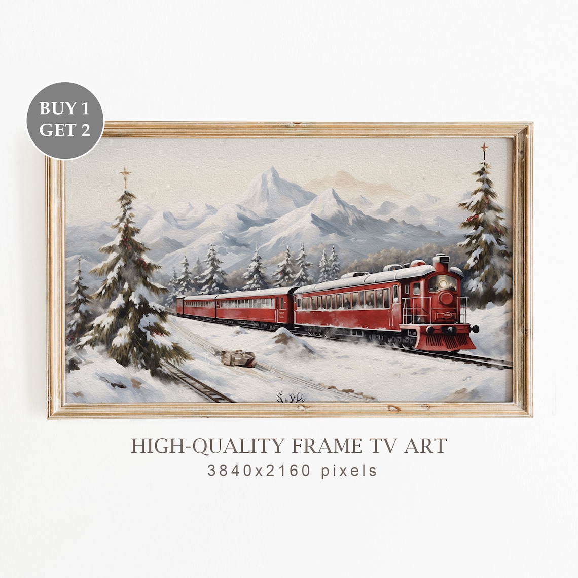 Vintage Christmas Train Art Print, Snowy Mountains