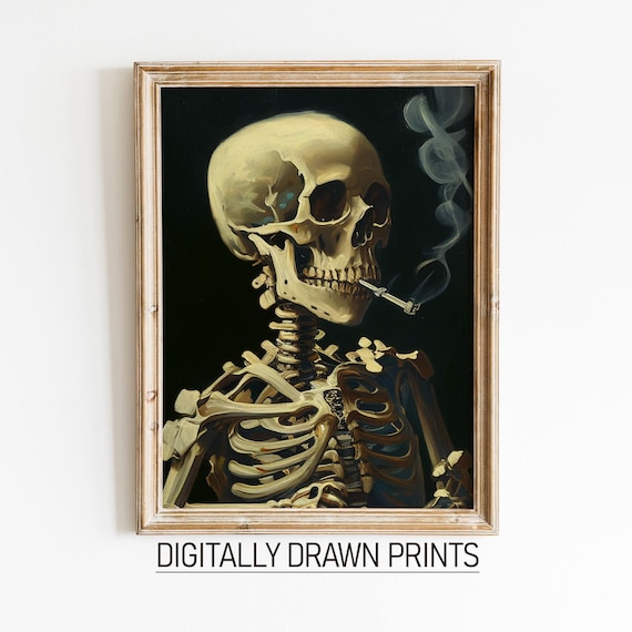 Moody Skull Of A Skeleton With Burning Cigarette Moody Dark Academia Print Dark Wall Art Skull Art Print Gothic Wall Art