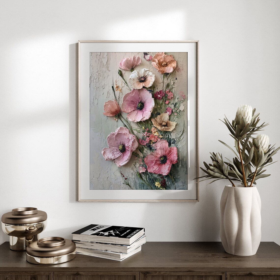 Blush Pink Poppies 3D Impasto Floral Abstract Oil Painting Wall Art Print - Image 3