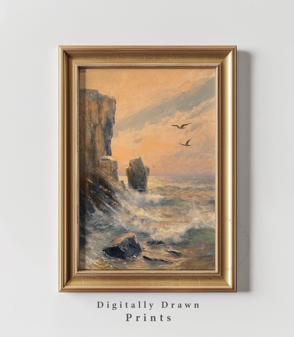 Dramatic Coastal Cliffs Sunset Waves Seagulls Seascape Art Print - Image 4