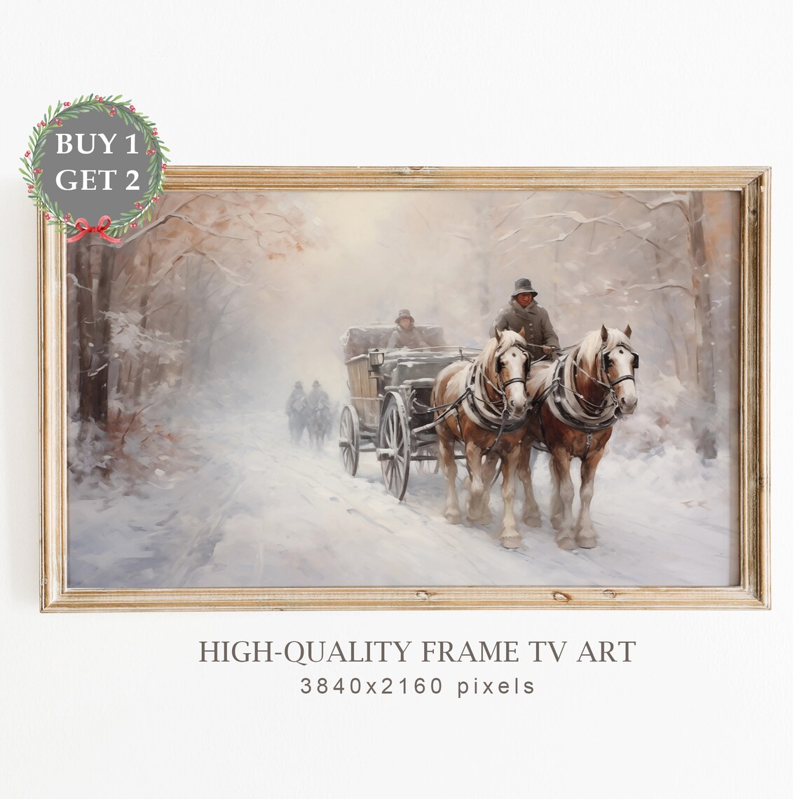 Horse Drawn Carriage On Snowy Road Winter Vintage Scene Art Poster