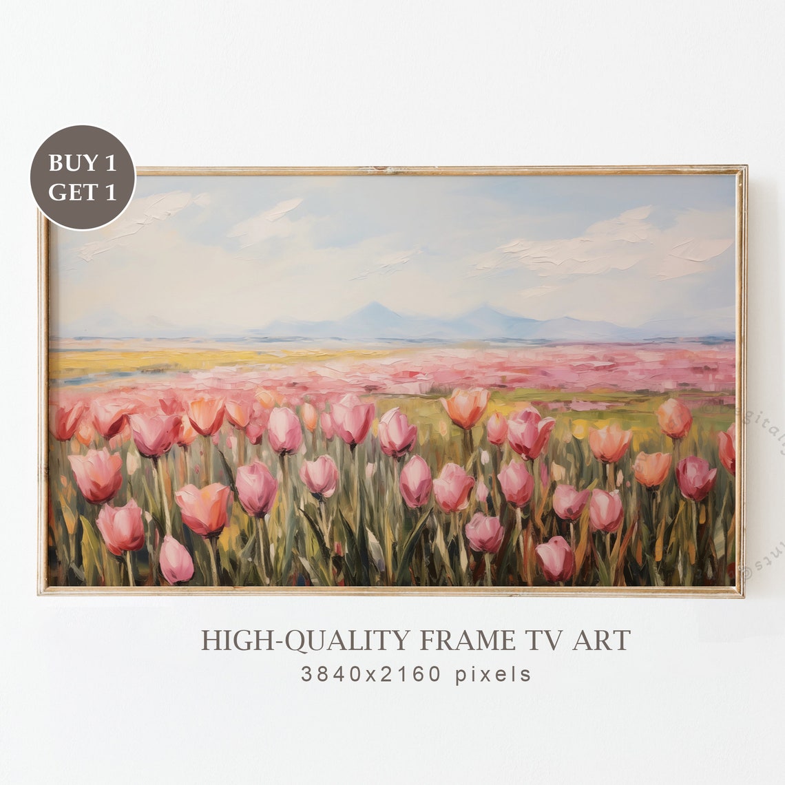 Frame Tv Art Spring Tulips Oil Painting For Tv Country Wildflowers Field Painting Farmhouse Decor Instant Frame Tv