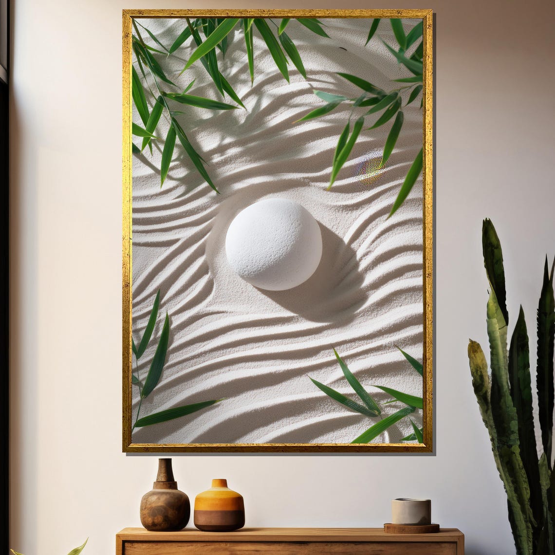 Zen Stone in Sand Garden, Minimalist Tranquil Art Print