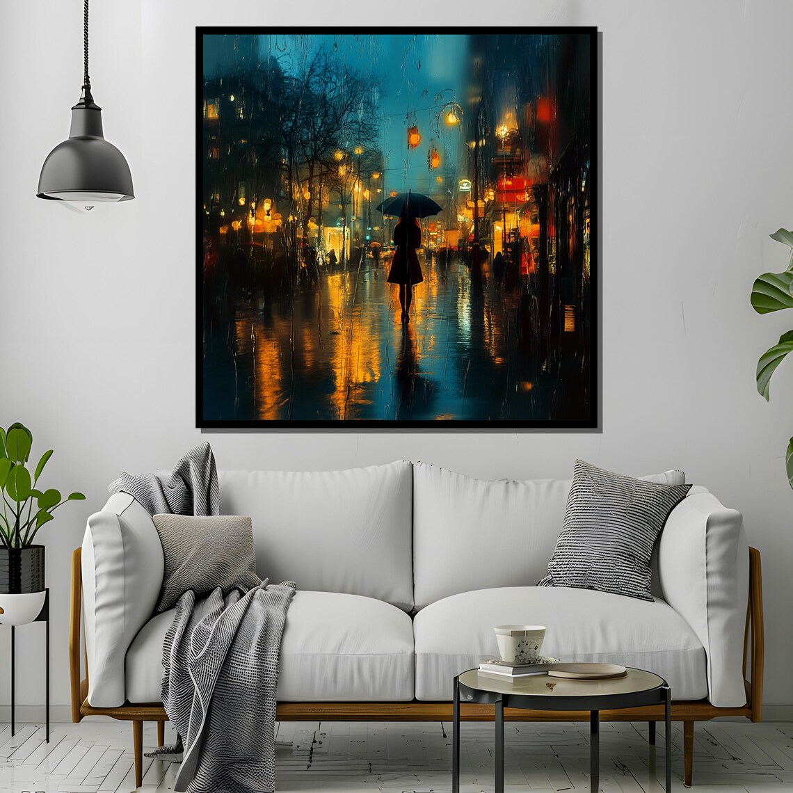 Rainy Night City Scene, Woman With Umbrella - Image 2