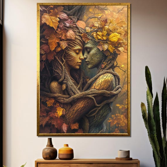 Autumn Tree Spirits In Love, Surreal Embrace Art