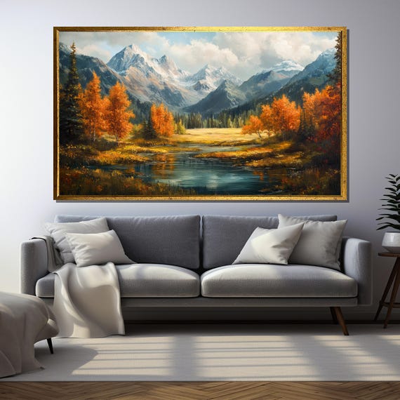 Golden Autumn Landscape, Snowy Mountains and River