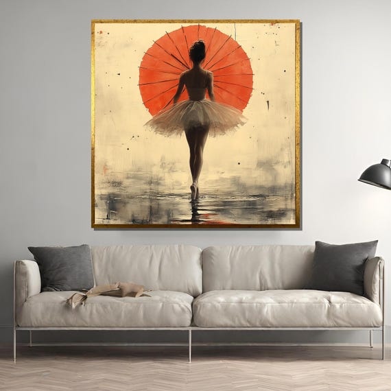 Elegant Ballerina With Red Umbrella, Minimalist Ballet Art