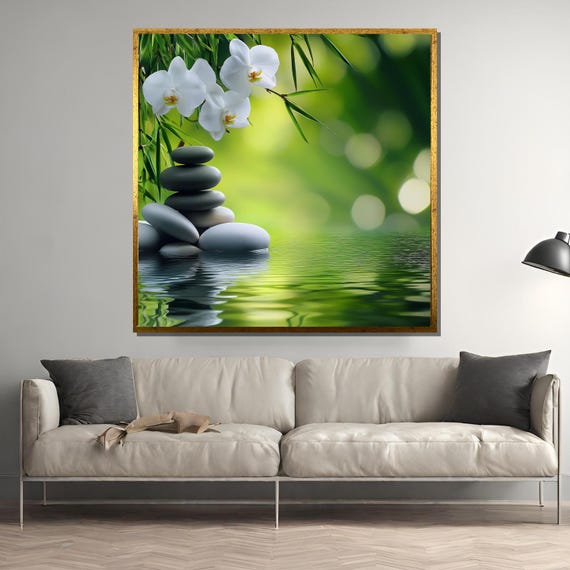 Zen Garden Stones and White Orchids, Serene Spa Decor