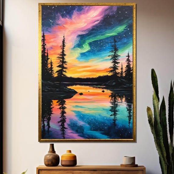 Northern Lights Over Alaskan Lake, Aurora Borealis Painting