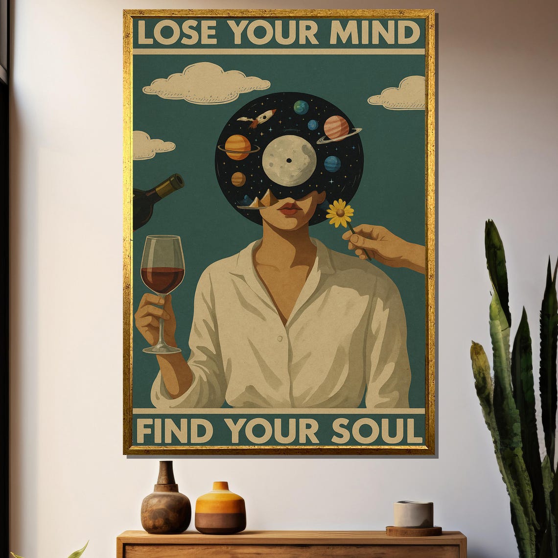 Vintage Cosmic Portrait, Planets With Wine Flower