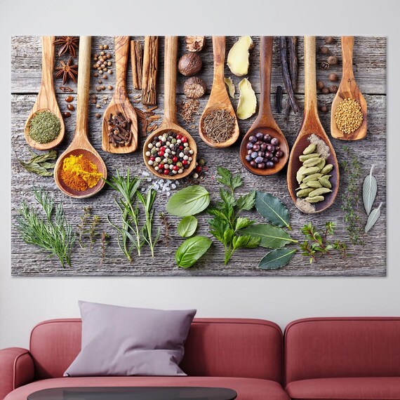 Fresh Spices and Herbs in Wooden Spoons Rustic Kitchen Art Poster