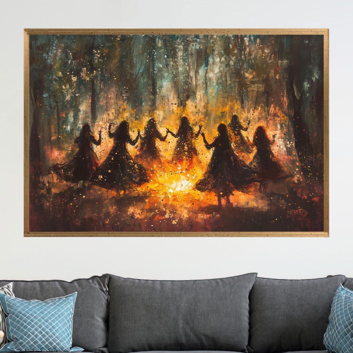 Witches Dancing Around Bonfire Dark Forest Oil Painting Poster