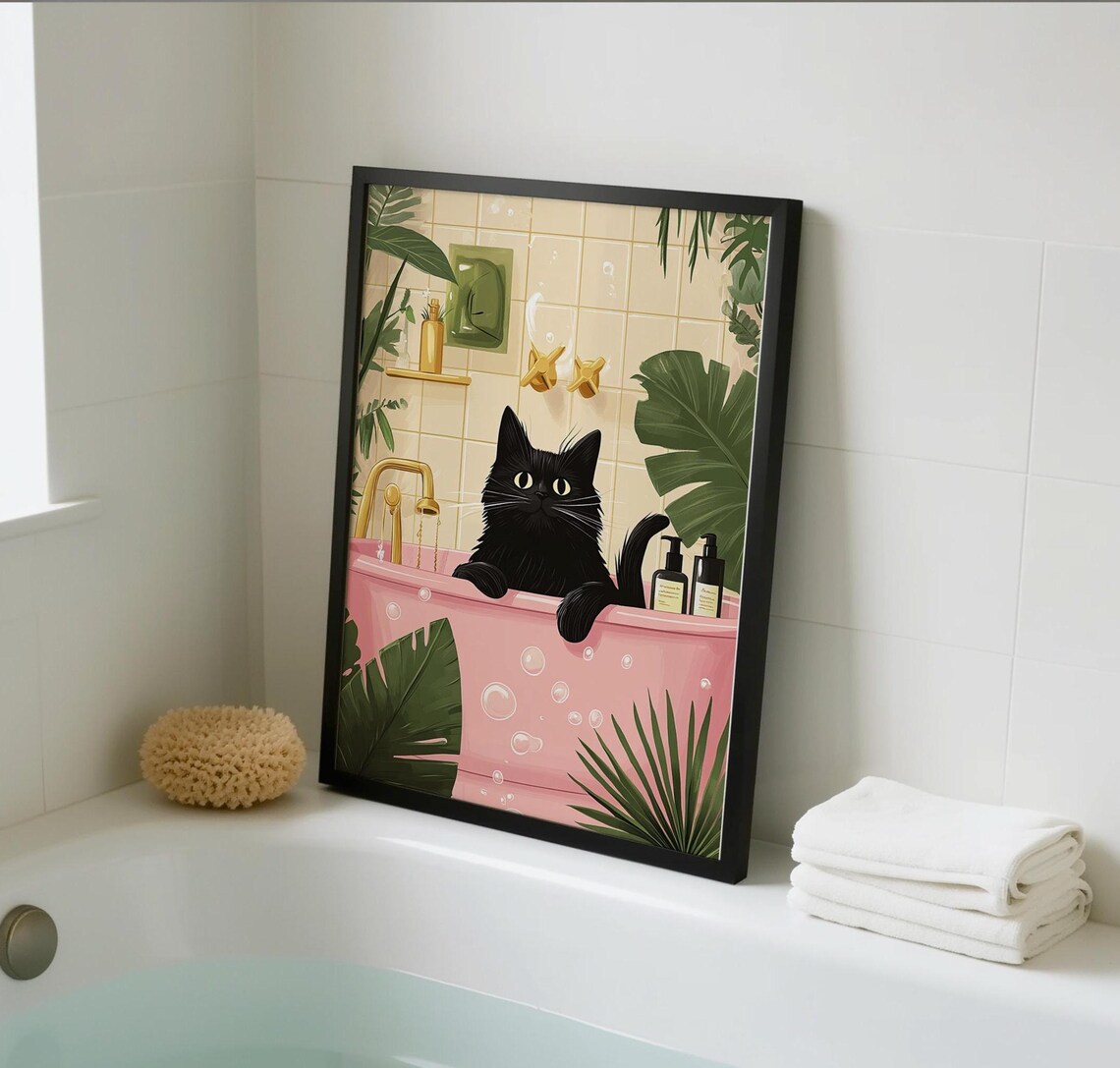 Black Cat Bathroom Humor Art Print, Toilet Decor