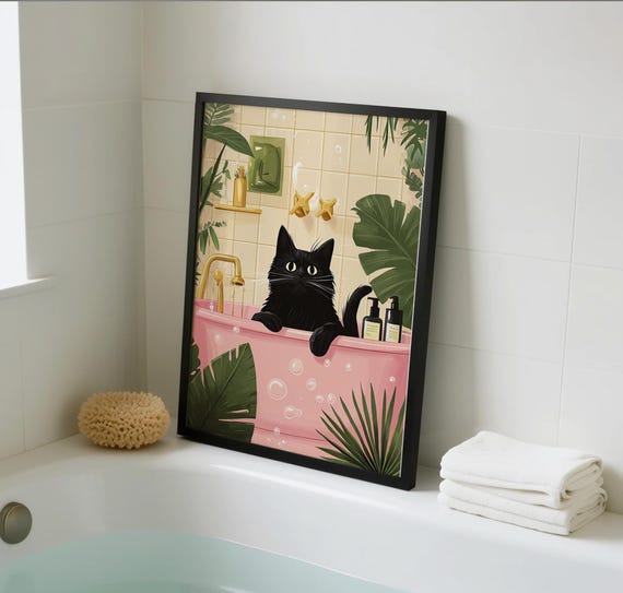 Black Cat Bathroom Humor Art Print, Toilet Decor