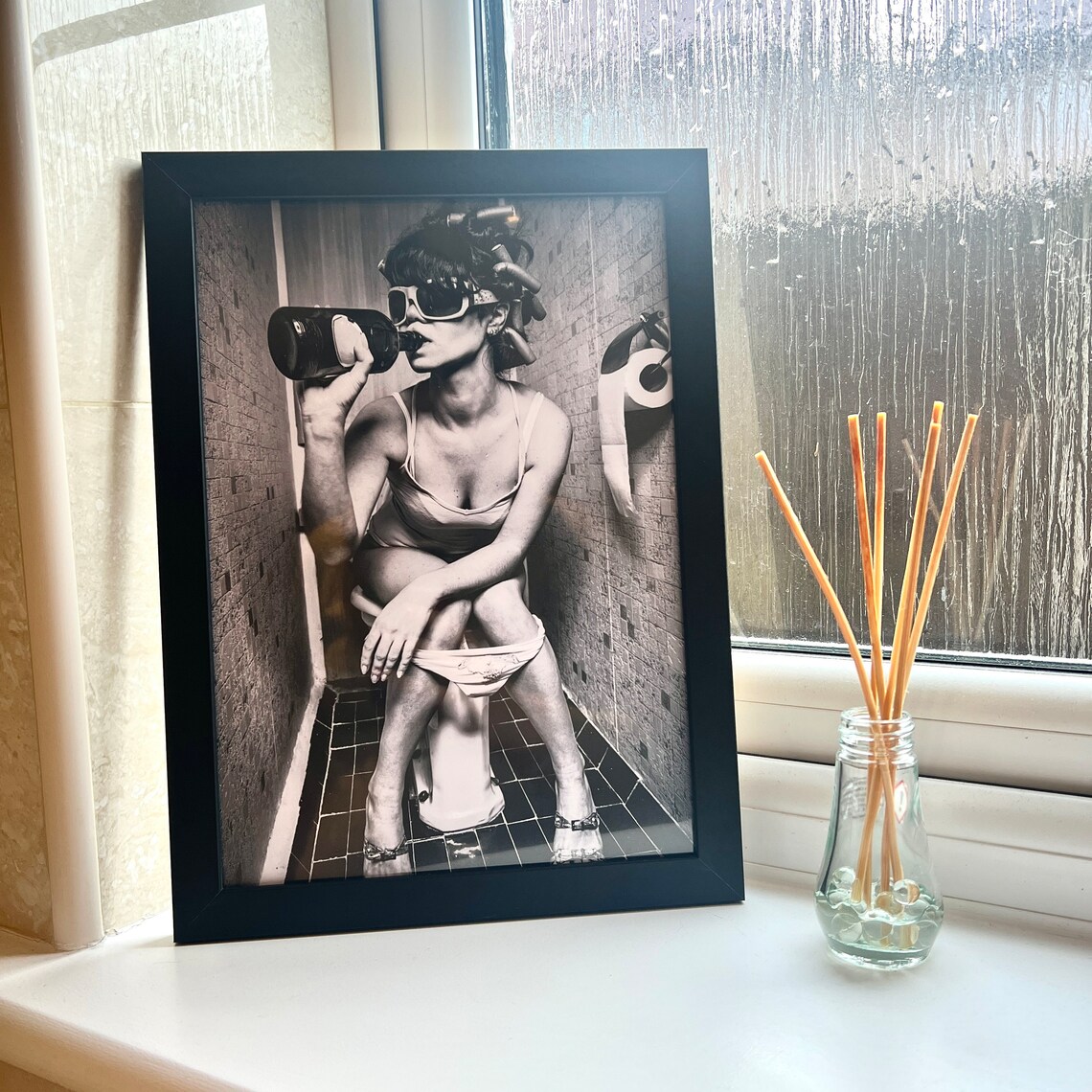 Black and White Funny Bathroom Woman Hair Curlers Photo Art Poster