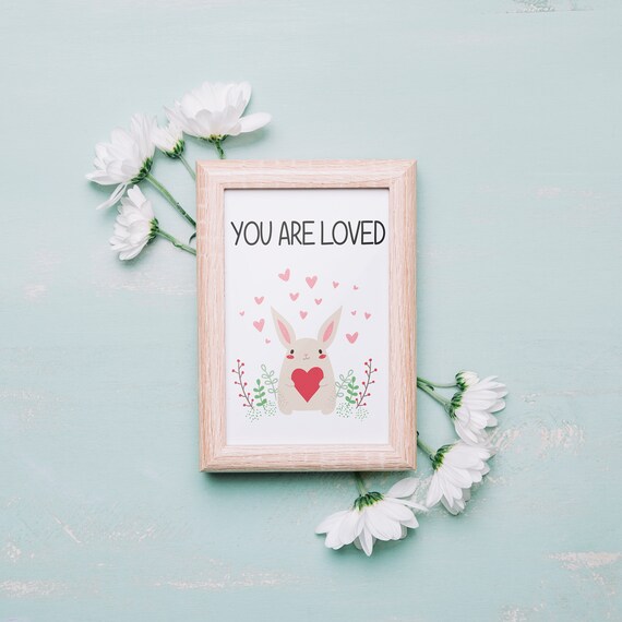 You Are Loved Bunny Hearts Cute Baby Room Nursery Quote Poster