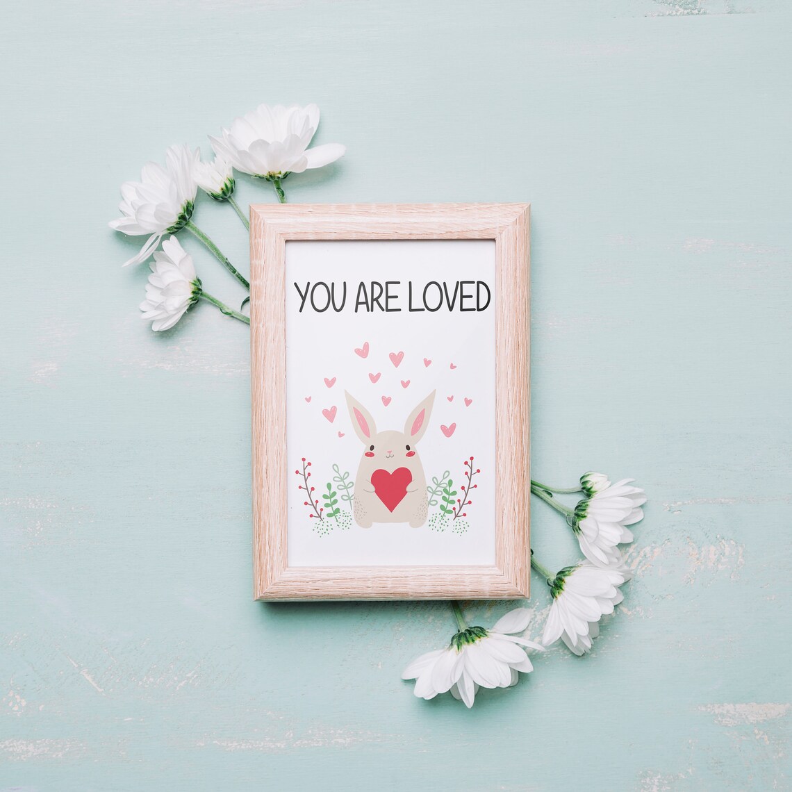 You Are Loved Bunny Hearts Cute Baby Room Nursery Quote Poster