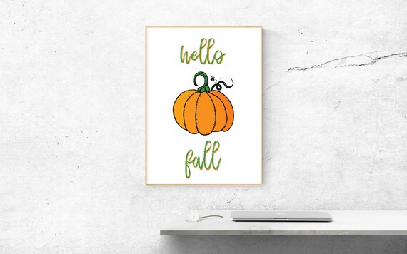 Hello Fall Pumpkin Hand Lettered Autumn Seasonal Poster Decor Gift