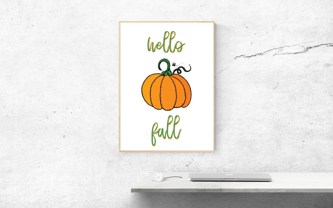 Hello Fall Pumpkin Hand Lettered Autumn Seasonal Poster Decor Gift