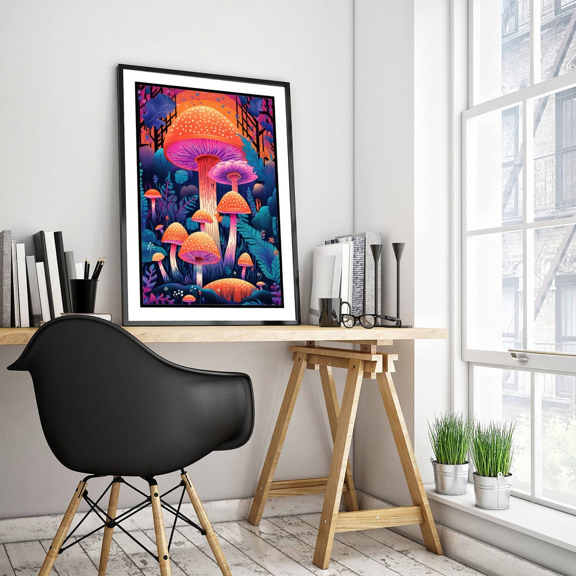 Neon Glowing Mushrooms Trippy Forest Psychedelic Fungi Art Poster - Image 3