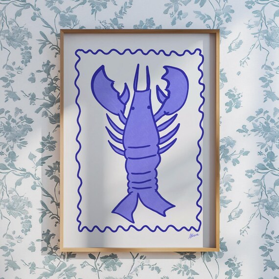 Blue Lobster Print Coastal Wall Art Navy Prints Beachy Decor Cape Cod Maine West Coast Kitchen Illustration
