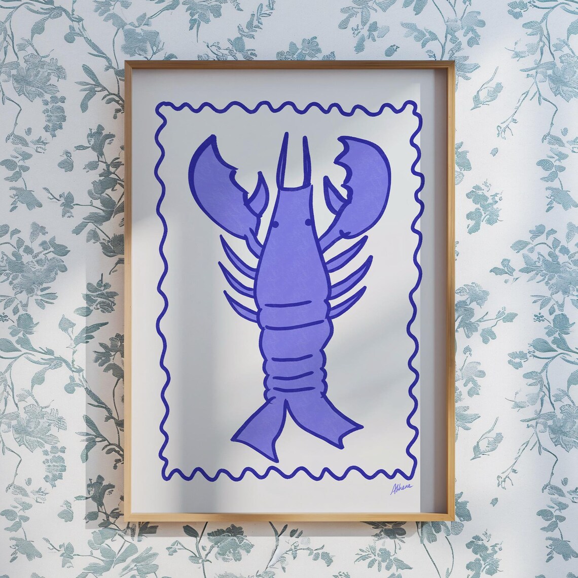 Blue Lobster Print Coastal Wall Art Navy Prints Beachy Decor Cape Cod Maine West Coast Kitchen Illustration