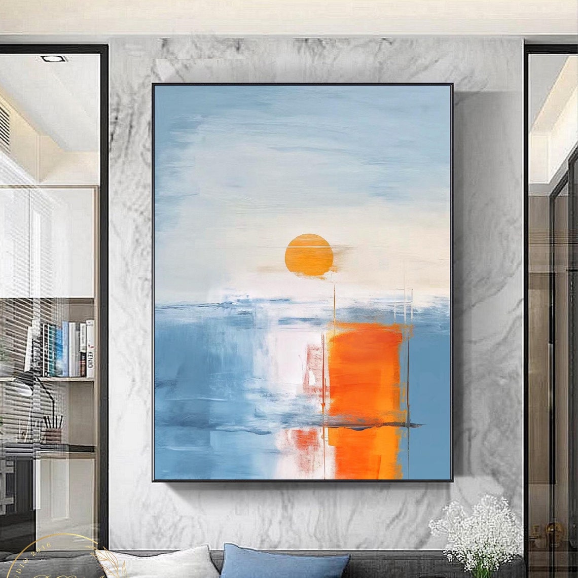 Minimalist Blue Sea Horizon with a Large Bold Orange Sun Poster