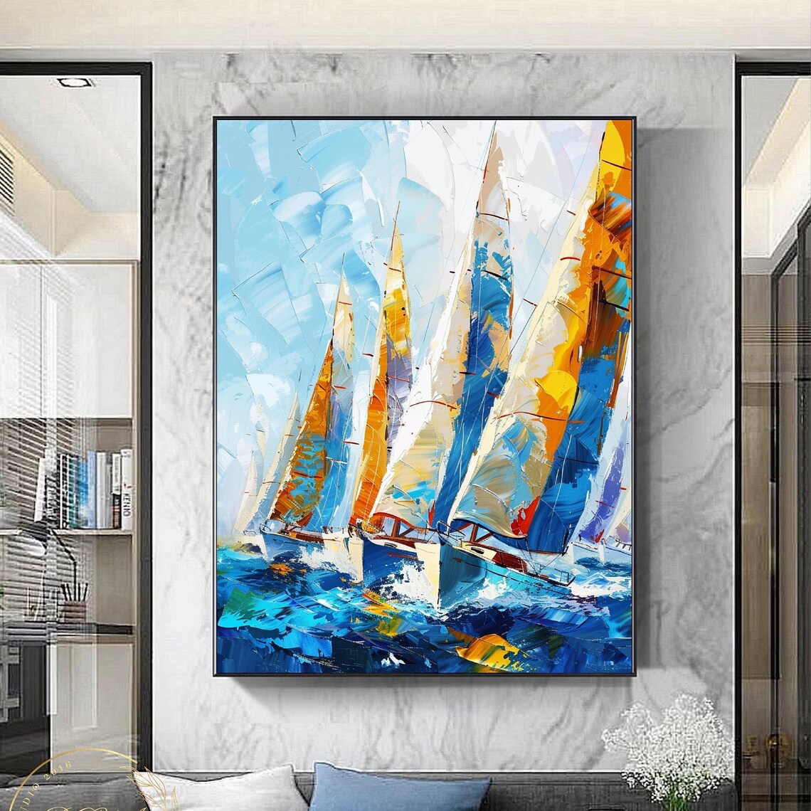 Sailboat Regatta in Orange and Blue Abstract Nautical Art Poster