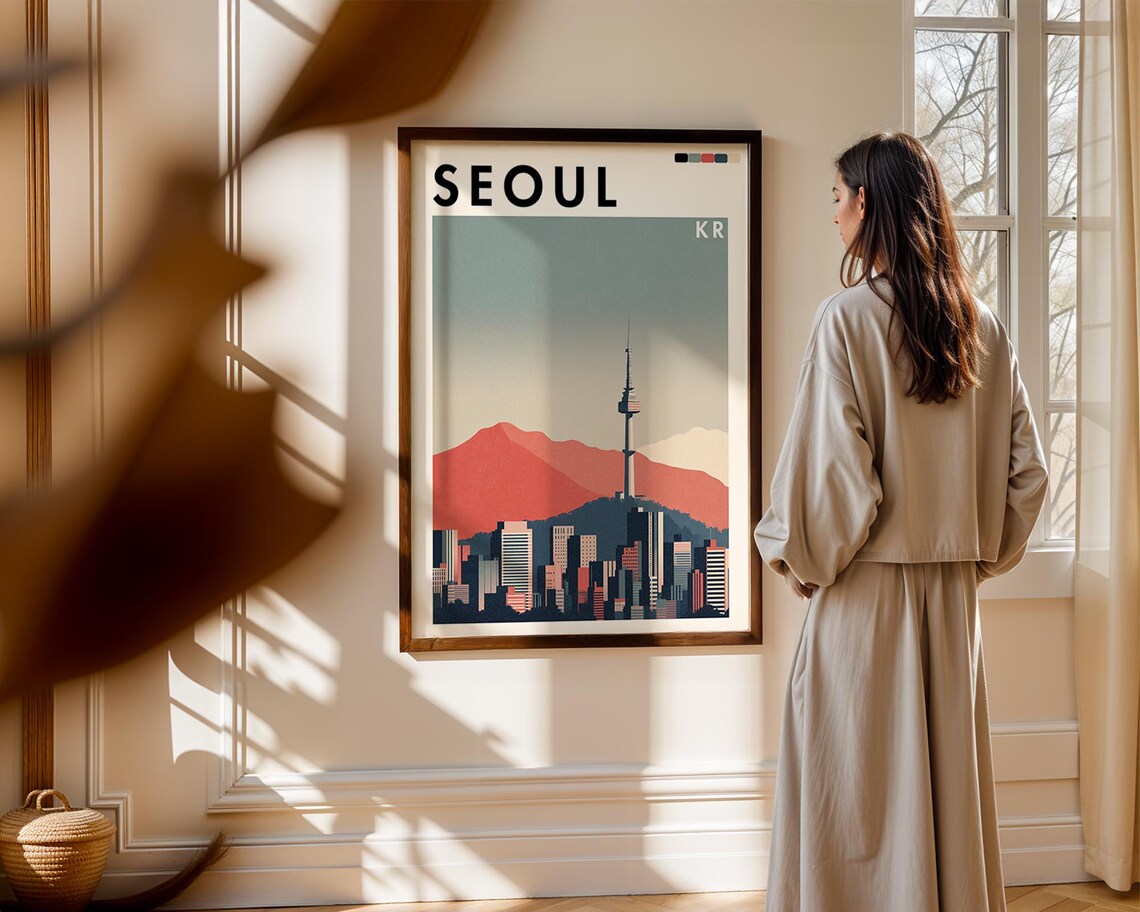 Seoul Korea N Tower Retro Mountain City Skyline Travel Poster