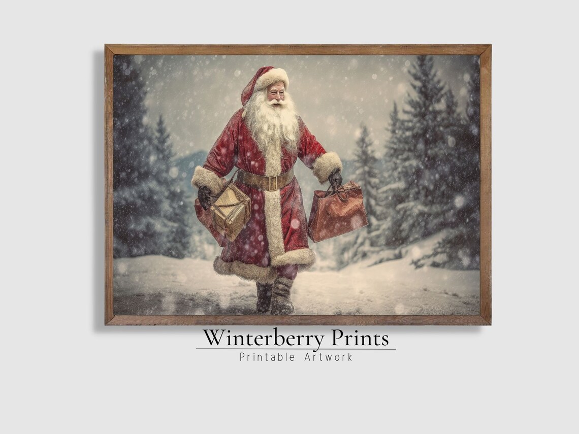Vintage Santa Walking In Snow Christmas Art Print