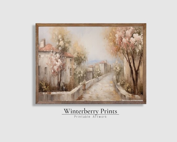 Spring Village Street Blossoming Trees Soft Pastel Oil Painting Wall Art Print