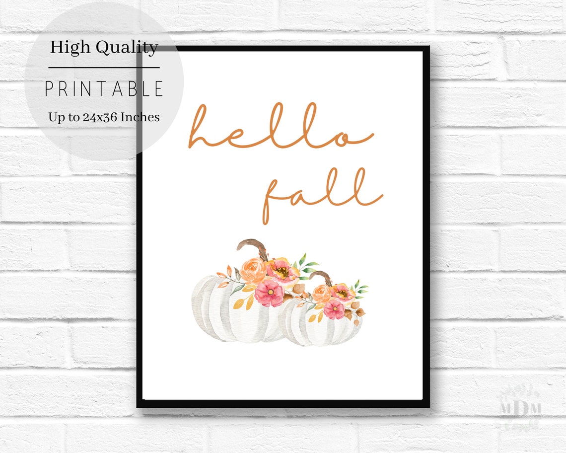 Hello Fall Orange Script White Floral Pumpkin Watercolor Poster - Image 2