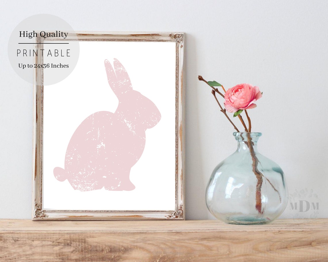 Soft Pink Bunny Silhouette Distressed White Framed Easter Art Poster